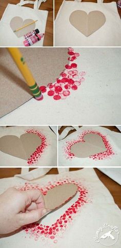 the process to make a heart shaped t - shirt with hearts painted on it and glue