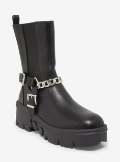 Don't let anyone chain you down! Slip on these black  platform boots for the ultimate baddie look! They feature chain and buckle detailing around the ankle and side elasticated panels.Listed in women's sizes.Platforms: 2''Polyurethane upper & soleImported Black Platform Boots, Black Platform, Girls Boots, Platform Boots, Hot Topic, Don't Let, Girls Shoes, Shoe Boots, Slip On