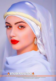 a painting of a woman wearing a white veil and red lipstick, with the caption stylish presentation