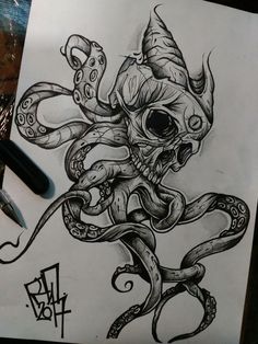 a drawing of an octopus with a skull on it's head and tentacles around its neck