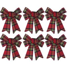 six red and green plaid bows are shown in four different positions on a white background