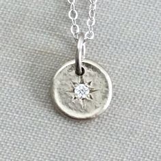 Tiny Star 14k White Gold Necklace with Moissanite or Canadian Diamond Star Setting, Pebble Pendant, Tiny Pendant, White Gold Necklace, Tiny Charm, Tiny Star, 14k Gold Necklace, White Gold Necklaces, Gold Hands