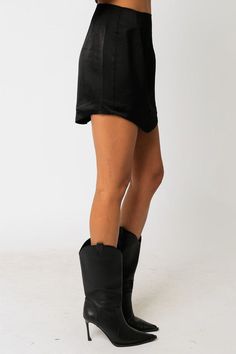 Rounded Miniskirt features a hidden zipper and high waist fit.96% Polyester, 4% Spandex Silky Skirt, Oversized Sweater, Staple Pieces, Knee High Boots, Wedge Boot, High Boots, Hidden Zipper, Riding Boots, Knee High