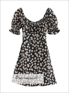 Material:Rayon Silhouette:A-Line Age:Ages 16-28 Years Old Season:Summer Neckline:Square Collar Sleeve Length(cm):Short Sleeve Style:Puff Sleeve Decoration:NONE Style:Casual Waistline:Natural Pattern Type:Print Dresses Length:Above Knee, Mini Size TableS : Bust 70-84cm(27.6"-33.1") Sleeve 30cm(11.8") Waist 58-68cm(22.8"-26.8") Length 81cm(31.9")M : Bust 74-88cm(29.1"-34.6") Sleeve 31cm(12.2") Waist 62-72cm(24.4"-28.3") Length 82cm(32.3")L : Bust 78-92cm(30.7"-36.2") Sleeve 32cm(12.6") Waist 66-76 Knee-length Puff Sleeve Dress With Floral Print, Casual Short Sleeve Daisy Print Dress, Black Square Neck Mini Dress With Floral Print, Summer Knee-length Daisy Print Dress, Retro Floral Print Knee-length Mini Dress, Flower Pattern Dress, Black Print Dress, Summer Beach Dress, Vintage Black Dress