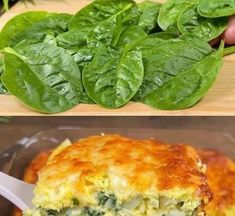 spinach and quiche casserole are shown in two separate pictures, one with cheese and spinach leaves