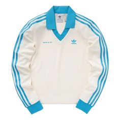 (WMNS) adidas Originals x Sporty & Rich Long Sleeve Jersey 'Cream White Blue' IN5249 Racer Clothes, Adidas Clothes, White Tees Outfit, Trippy Clothes, 80s Adidas, Adidas Long Sleeve, Adidas Jersey, Art Outfit, Adidas Sweater