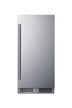 a stainless steel refrigerator freezer sitting on top of a white wall