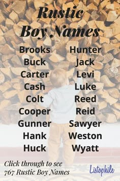 a little boy standing in front of a pile of wood with the words rustic boy names