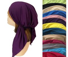 Very Soft, comfortable stretchy pre tied bandana / head scarf / Tichel Elastic back for easy-on, easy-off style.  Women's one size fits most.  Machine Wash Cold. ITY Stretch Jersey. 90% Polyester / 10% Spandex Solid Color Headscarf Shaped As Headband, Casual Headwrap One Size Fits Most, One Size Fits Most Headband Headscarf, Trendy Stretch Headwrap For Summer, Casual Headwrap For Summer, Casual Fitted Solid Color Headscarf, Casual One-size Solid Color Headwrap, Casual Summer Stretch Headwrap, Casual Solid Color One-size Headscarf