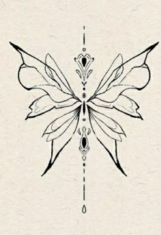 a black and white drawing of a butterfly with wings on it's back side