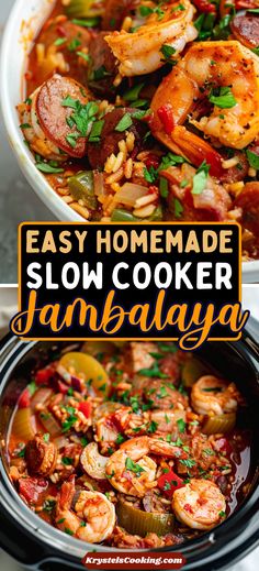 easy homemade slow cooker jambalya recipe with shrimp and vegetables in the crock pot