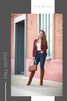 Stylish, affordable with gorgeous autumn colors, this casual outfit is perfect for fall! Classic jeans paired with knee high boots, and a Burgundy faux suede moto jacket. Perfect weekend outfit or casual Thanksgiving look! Faux Suede Moto Jacket, Suede Moto Jacket, Casual Chic Outfit, Classic Jeans