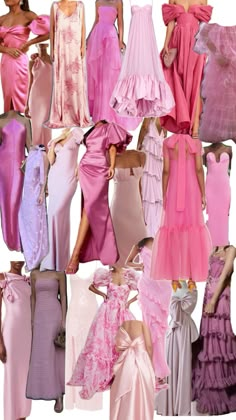 a collage of different dresses and gowns in pink, purple, and yellow