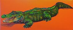 a painting of a green alligator on an orange background