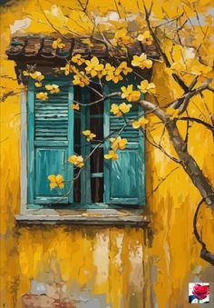 a painting of a window with green shutters and yellow flowers in front of it