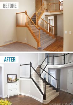 before and after pictures of a staircase in a house with white walls, wood floors and wooden handrails