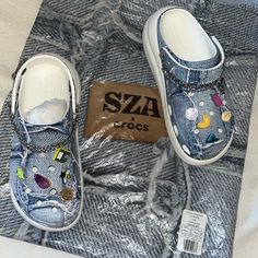 Denim Sza Limited Edition Chunky Crocs Worn Once For A Photoshoot Great Condition Have The Packaging And All Charms And Chains Attached Not Sold Anymore On Site Limited Edition. Sza Crocs, Women's Crocs, Crocs Shoes, Christmas List, Need This, Limited Editions, Blue White, Limited Edition, Charms