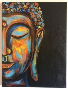 a painting of a buddha head on a black background with blue, yellow and orange colors