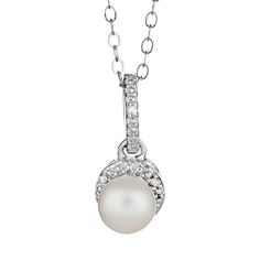 "Elegant essential. Featuring a freshwater cultured pearl and diamond accents, this frame pendant elevates any ensemble. Pair this sterling silver necklace with a new ring for unmatched beauty. Beaded details enhance the round frame and bail. Scrollwork adorns the sides of the pendant. Necklace comes in a gift box. Details: 6-mm cultured pearl .75-in. pendant 18-in. chain Spring-ring clasp Rhodium-plated sterling silver Image(s) may be enlarged to show detail. Diamond weights are approximate. Di Elegant Pearl Birthstone Necklace, Elegant Pearl Necklace With Birthstone For Anniversary, Pearl Jewelry With Diamond Accents Round Pendant, Pearl Jewelry With Diamond Accents In Round Pendant, Elegant Pearl Jewelry With Birthstone, Elegant Pearl Birthstone Jewelry, Elegant Diamond White Jewelry With Birthstone, Elegant White Gold Birthstone Jewelry, Elegant Pearl Necklace With Birthstone