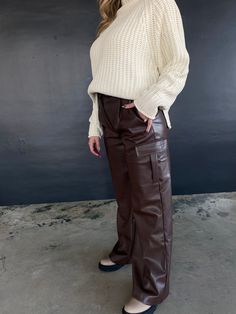 Our faux chocolate leather cargo wide leg pants model is wearing a medium Chocolate Leather, Staple Pieces, Wide Leg Pants, Leather Pants, High Fashion, Wide Leg, Pants, My Style, Leather