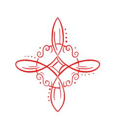 a red and white drawing of a cross with swirls in the center on a white background