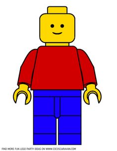 the lego man is wearing a red shirt and blue pants with yellow hands on his chest