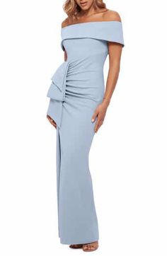 Xscape Evenings Xscape Ruffle Off the Shoulder Crepe Column Gown | Nordstrom Summer Mother Of The Bride Dresses, Prom Dresses Sparkly, Knit Gown, Mother Of The Bride Dresses Long, Floral Prom Dresses, Mother Of The Bride Gown, Crepe Gown, Mother Of Groom Dresses, Mob Dresses