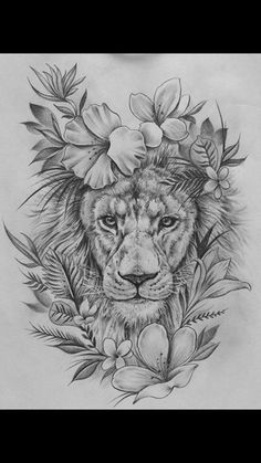 a drawing of a lion with flowers on it's head and leaves around its neck