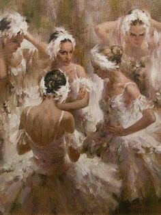 an oil painting of dancers in white tutus and pink dresses with their arms around each other