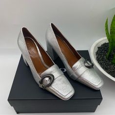 Coach 85 Mm Jade Pump Metallic Silver Square Toes Loafers Size 5.5b In Box Euc A Feminine Take On Menswear Style, This Square Toe Loafer Is Crafted In Bright Metallic Leather. About 3.5” Height Block Heel Made In China Please Refer To Pictures For Details. Bundle And Save!!! Offers Welcome :) Loafer Heels, Silver Loafers, Coach Shoes, Heeled Loafers, Metallic Leather, Shoes Women Heels, Block Heels, Metallic Silver, Jade