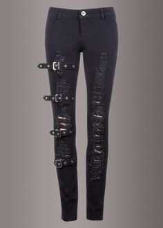 Jump start your edgy style with these black denim skinnies that are bad to the bone! The black mid-rise pants have a skinny fit and are accessorized with buckles and rad ripped details that will make you look and feel like a rockstar. The skinny fit pants have belt loops, front and back pockets and a zip fly with button closure.Available in sizes S, M, L and XL. Made out of 95% cotton and 5% spandex.. Elevate your bold and fierce look by strutting through the streets in these show-stopping black Goth Corsets, Goth Pants, Black Distressed Jeans, Vampire Clothes, Like A Rockstar, Gothic Pants, Black Lace Choker, Ripped Pants, Goth Fashion Punk