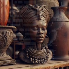 an african woman's head in front of vases