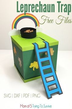 a paper box with a ladder going up to it and a pot on top that says leprechaun trap free files