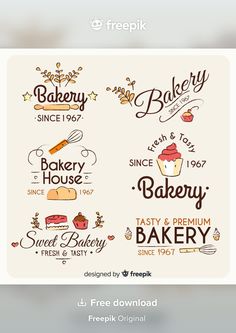 bakery logos and emblems are shown in this graphic design set, which includes different types of baked goods