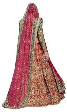 This lehenga skirt featured in Red color dupion silk fabric with heavily embroidered zardozi work. The blouse is in Golden color and sleeves are in bottle green color. Blouse and sleeves both also have zardozi embroidery. Dupatta is in net fabric with four sided borders in green, gold and red colors. Dupatta has heavy sprinkled mukaish work on it. Chania Choli, Mukaish Work, Embroidery Dupatta, Pakistani Traditional, Red Bridal Dress, Latest Bridal Lehenga, Zardozi Work, Indian Lehenga Choli, Zardozi Embroidery