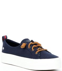 From Sperry&#x2C; the Women's Crest Vibe Triple Platform Sneakers feature:Lightweight and breathable canvas upperPlatform constructionLace-up closure with genuine rawhide laces & barrel ties for easy on & offMemory foam insole for all-day comfortFlexible non-marking rubber outsole with original razor-cut Wave-Siping  provides ultimate tractionImported. Sporty Navy Cotton Sneakers, Navy Casual Sneakers For Outdoor Activities, Cotton Lace-up Sneakers For Outdoor Activities, Sperry Women's, Platform Sneakers, Dillard's, Sperrys, Barrel, Latest Trends