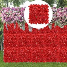 a large red flower wall in the middle of a field