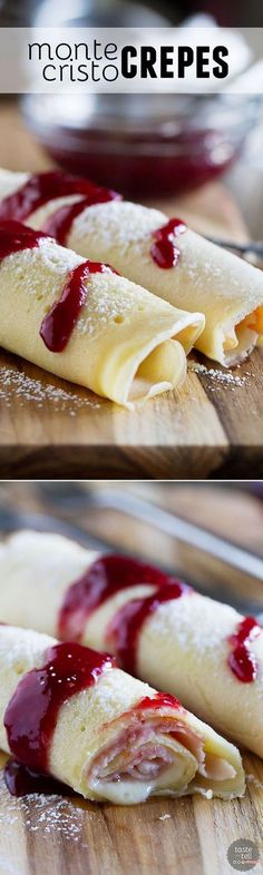 crepes on a cutting board covered in red sauce