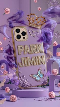 an iphone case with the words park jimmy on it in front of flowers and butterflies