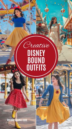 disney bound outfits for girls with text overlay that reads create disney bound outfits in red, yellow and blue