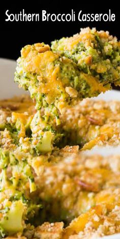 broccoli casserole is being lifted from the casserole dish