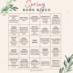 the spring book bingo game is shown with flowers and leaves on it's side