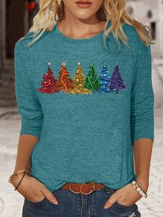 Women's Rainbow Christmas Trees Classic Long Sleeve Top | lilicloth Rainbow Christmas, Christmas Tree Print, Holiday Wardrobe, Tree Print, Fabric Names, Trending Now, Christmas Shirts, Christmas Trees, Brunei