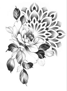 a black and white drawing of a flower with leaves on the bottom half of it