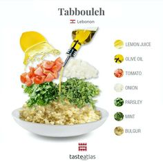 the ingredients for tabbouleh are being poured into a bowl with olive oil