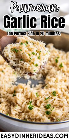 a spoon full of rice with parsley on top and the words pressure cooker garlic rice