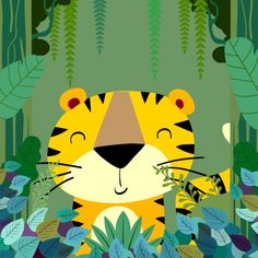 a tiger in the jungle surrounded by plants