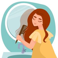 Comb Your Hair Cartoon, Combing Hair Illustration, Combing Hair Drawing, Hair Care Illustration, Hair Care Routine Aesthetic, Health Morning Routine, Hairstyle Cartoon, Mirror In Bathroom, Long Hair Cartoon