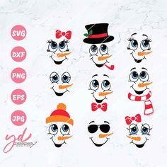 snowman faces with hats and scarfs for christmas svg cut file, png