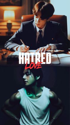 the movie poster for altered love, which features a man in a suit sitting at a desk